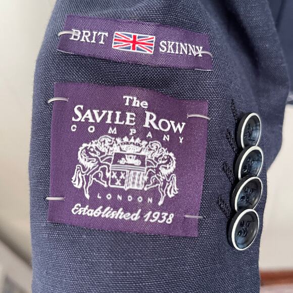 The Savile Row Mens Blazer Jacket 40L Blue‎ Brit Skinny Linen Blend 2 Button - Picture 6 of 12